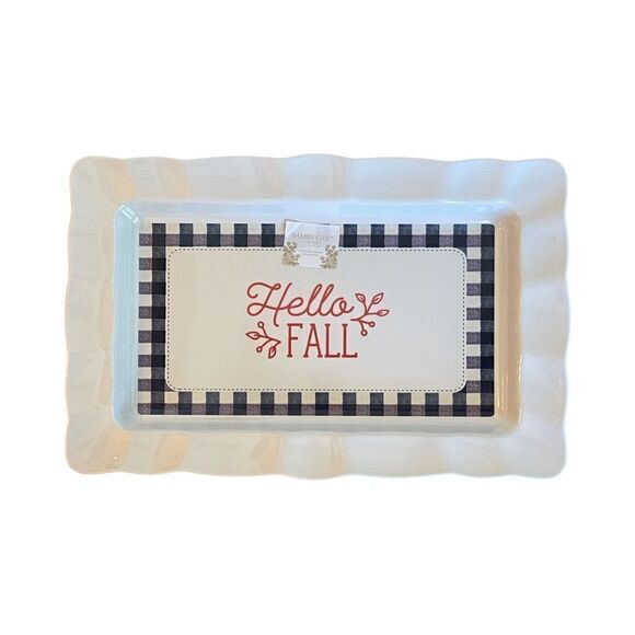 Shabby Chic Fluted Edge Gingham Border Hello Fall Melamine Serving Tray NWT - Picture 2 of 5